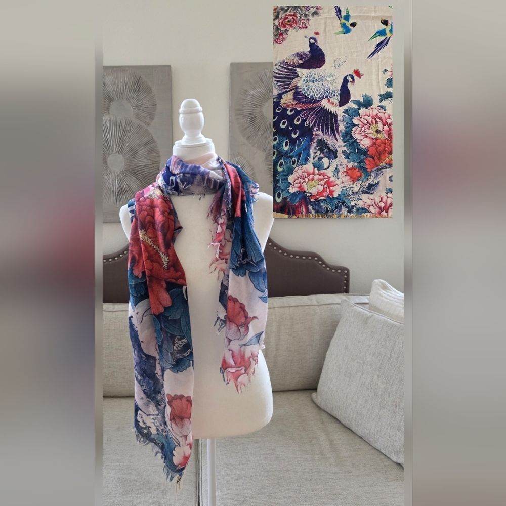 JC Sunny Multicolor Birds & Flowers Frayed Edge Scarf